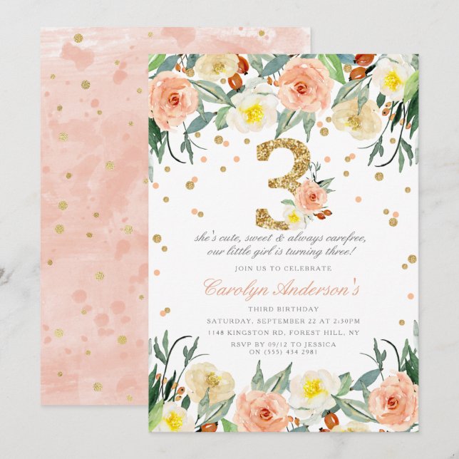 Elégante Floral Girls 3ème anniversaire Invitation (Devant / Derrière)