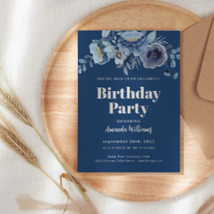 Elégante Floral Navy Blue Anniversaire Invitation