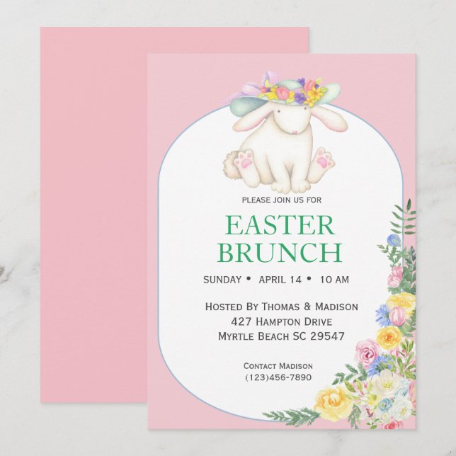 Elégante Floral Rose Pâques Brunch Invitation (Devant / Derrière)