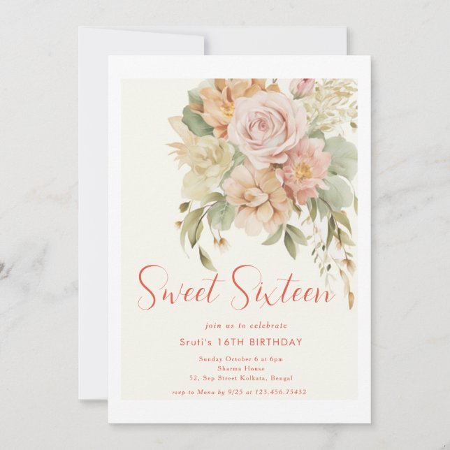 Élégante Floral Sweet 16 Anniversaire Carte d'invi (Devant)