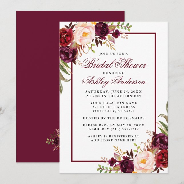 Elégante florale Bourgogne nuptiale Invitation (Devant / Derrière)