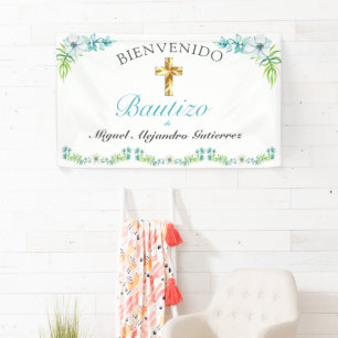 Elegante Flores Cruz Para Niño Bautizo Bienvenido Banner