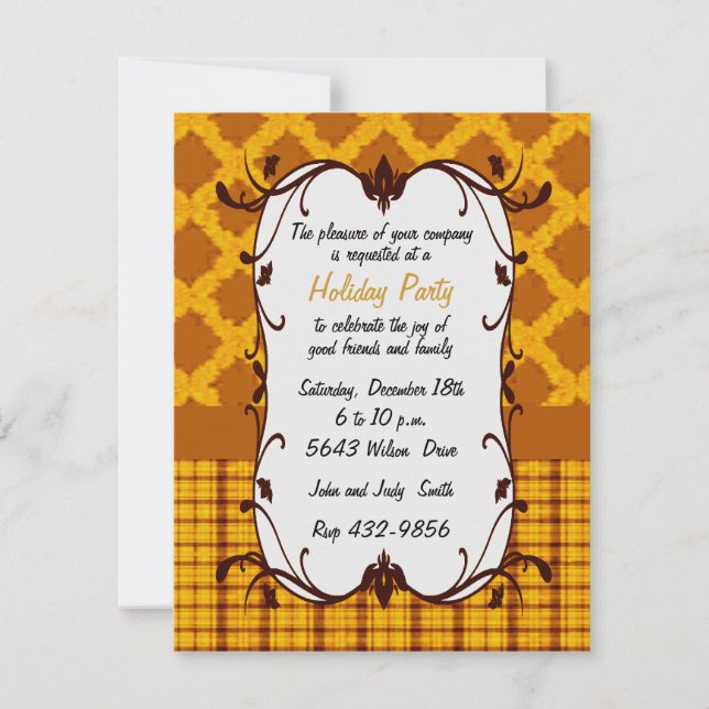 Elégante Gold Floral & Plaid Holiday Invitation (Devant)