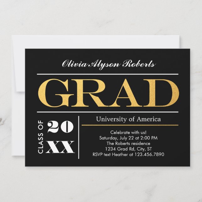 Élégante Grande Lettres d'or Invitation de diplôme (Devant)