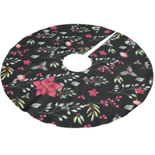 Elegante Green Gold Leaves And Red Holly Berries Brushed Polyester Tree Skirt