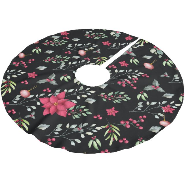 Elegante Green Gold Leaves And Red Holly Berries Brushed Polyester Tree Skirt (Angled)