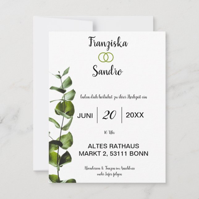 Elegante Hochzeitseinladung mit Grünen Blättern - Invitation (Front)