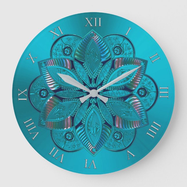 Élégante horloge en métal turquoise Mandala (Recto)