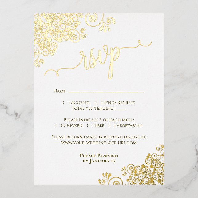 Élégante huile d'or sur carte RSVP de mariage blan (Recto)