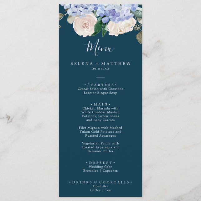 Elégante Hydrangée Bleue | Menu Dîner Mariage de l (Devant)
