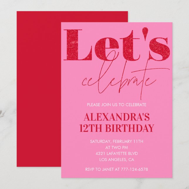 Élégante invitation 12ème anniversaire Pink Partie (Devant / Derrière)