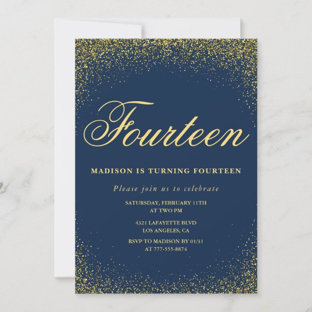 Elégante invitation 14e anniversaire Gold Navy Gla (Devant)