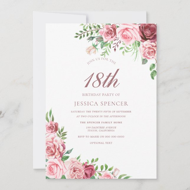 Élégante Invitation 18e anniversaire des filles ro (Devant)