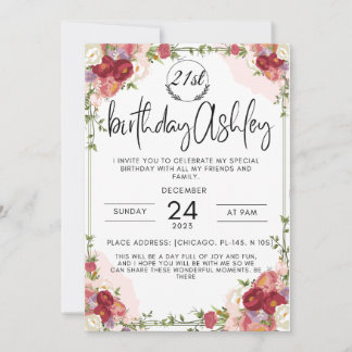 Elégante invitation 21e anniversaire avec fleurs