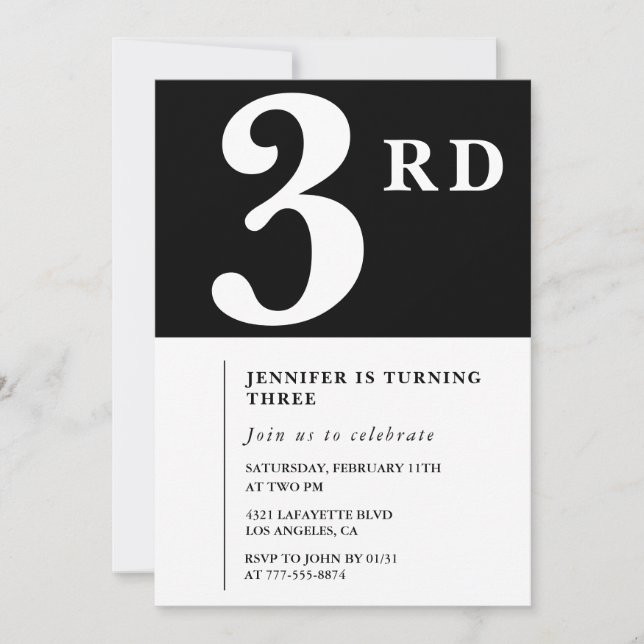 Elégante invitation 3ème anniversaire Black Chic G (Devant)