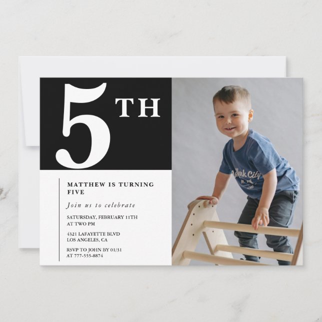 Elégante invitation 5e anniversaire Black Boy Phot (Devant)