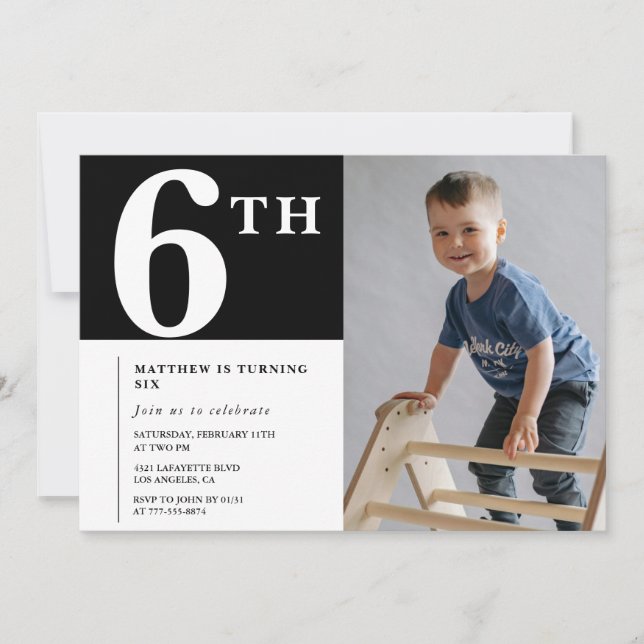Elégante invitation 6e anniversaire Black Boy Phot (Devant)
