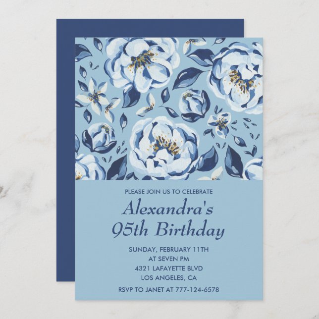 Elégante invitation 95e anniversaire Floral Blue (Devant / Derrière)