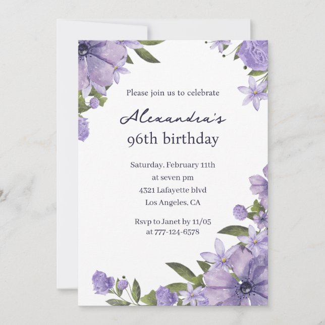 Elégante invitation 96e anniversaire Boho violet (Devant)
