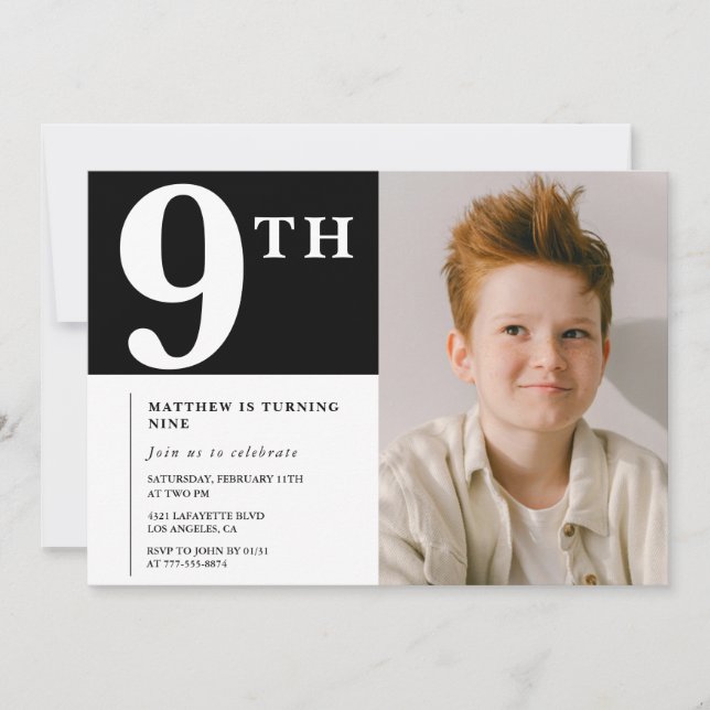 Elégante invitation 9e anniversaire Black Boy Phot (Devant)