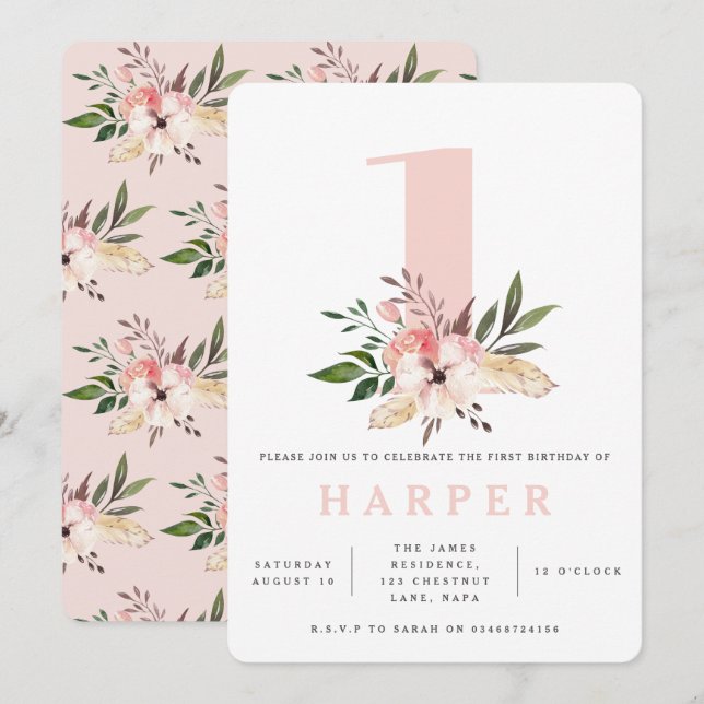 Elégante invitation à la fête d'anniversaire rose  (Devant / Derrière)