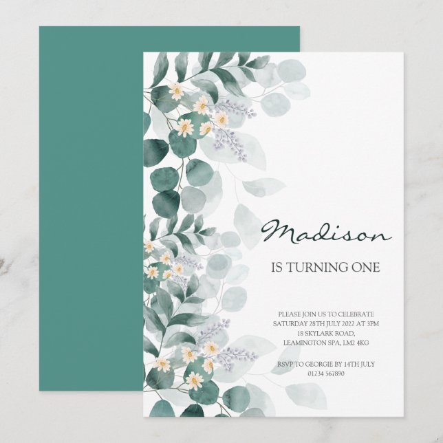 Elégante invitation à l'eucalyptus 1er anniversair (Devant / Derrière)