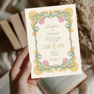 Élégante invitation Art Nouveau verte et dorée