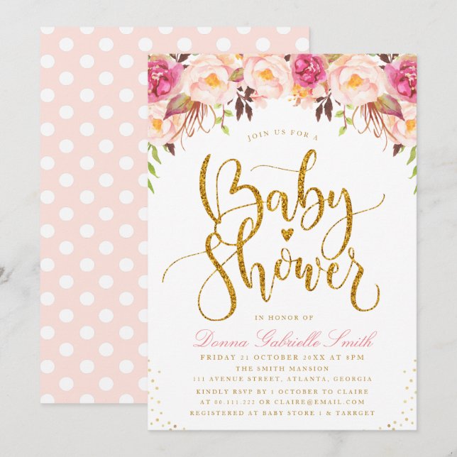 Elégante invitation au Baby shower floral roux (Devant / Derrière)
