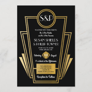 Elégante invitation au mariage Art Déco Gold Noir