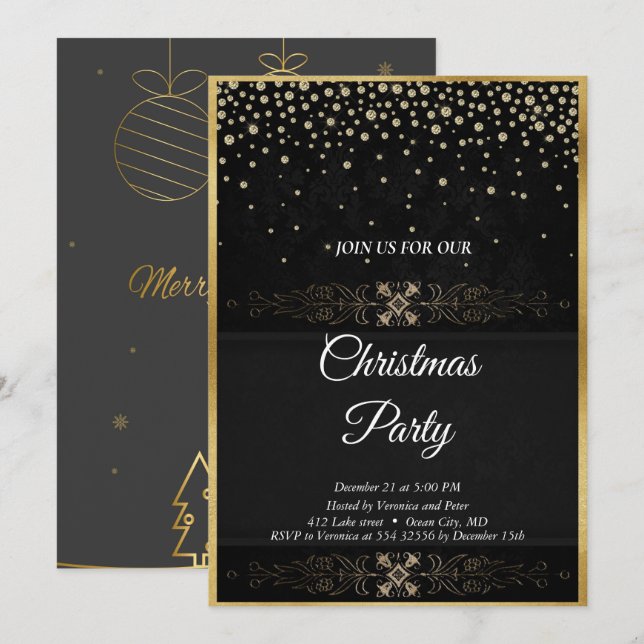 Elégante invitation aux étoiles à paillettes noire (Devant / Derrière)