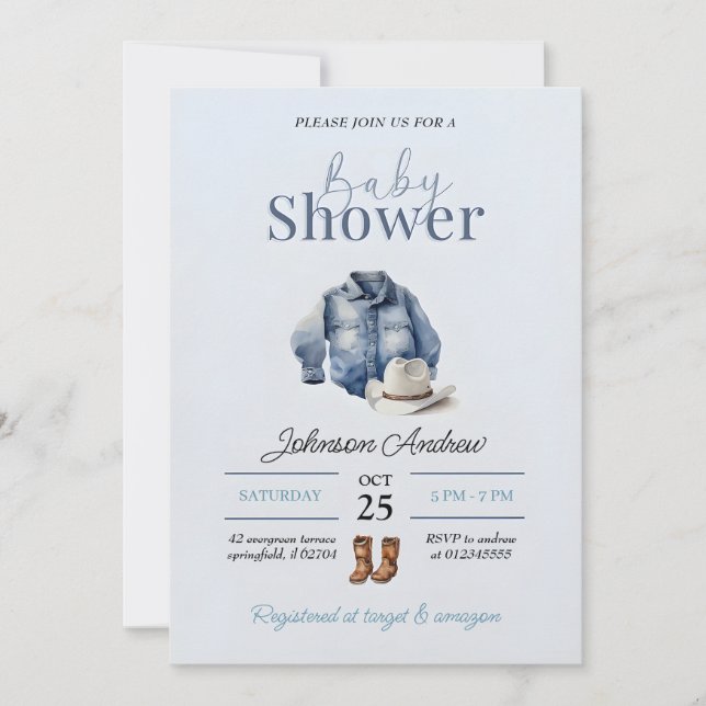 Elégante Invitation Baby shower Cowboy (Devant)