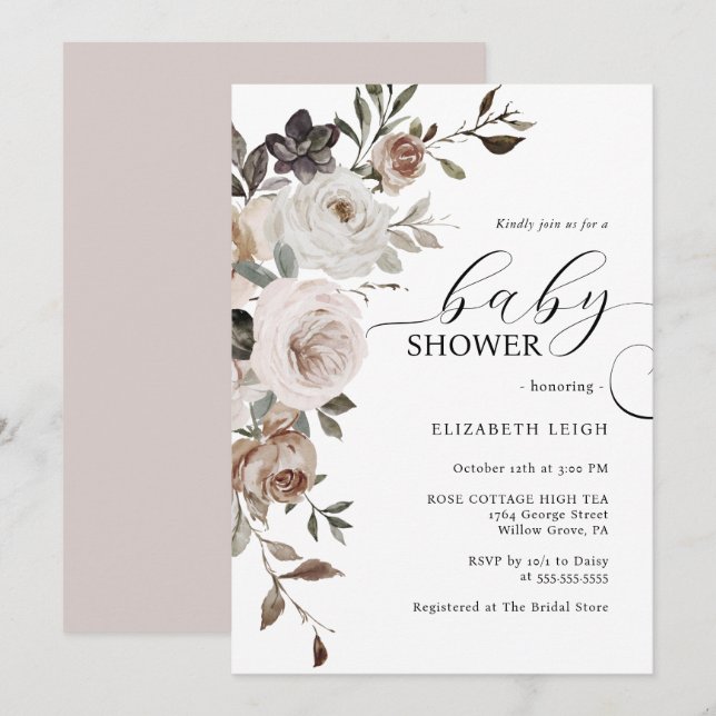 Elégante Invitation Baby shower Floral (Devant / Derrière)