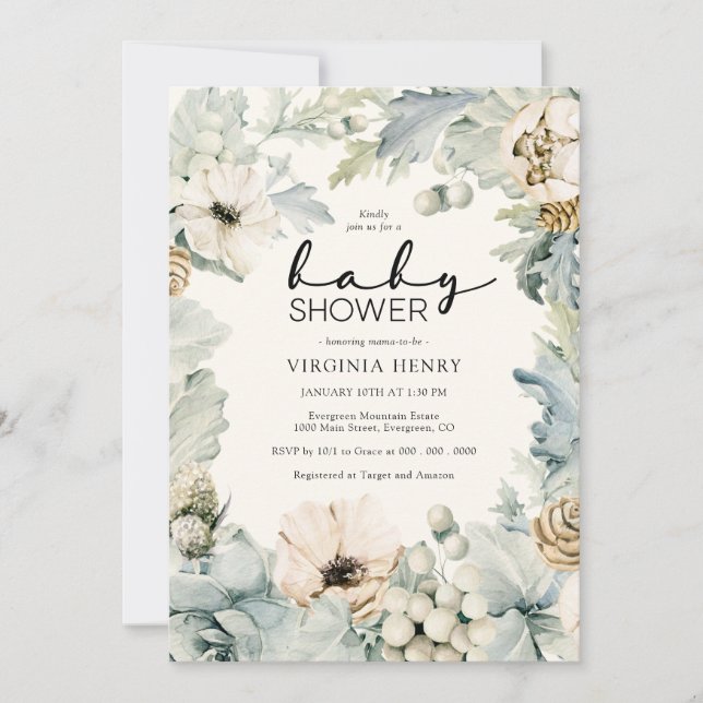 Elégante Invitation Baby shower Floral (Devant)