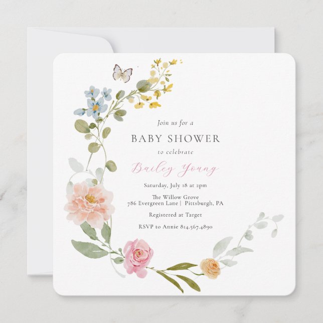 Elégante Invitation Baby shower Floral (Devant)