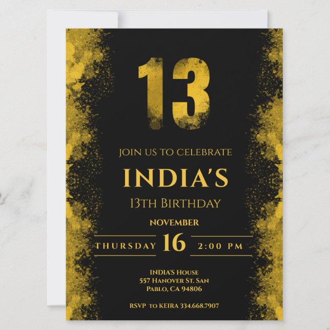 Elégante invitation Black And Gold 13e anniversair (Devant)