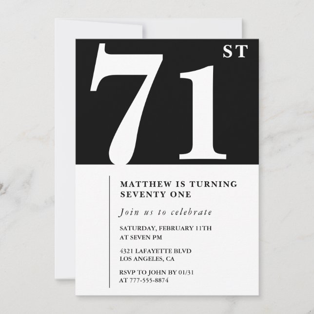 Elégante invitation Black White 71e anniversaire (Devant)