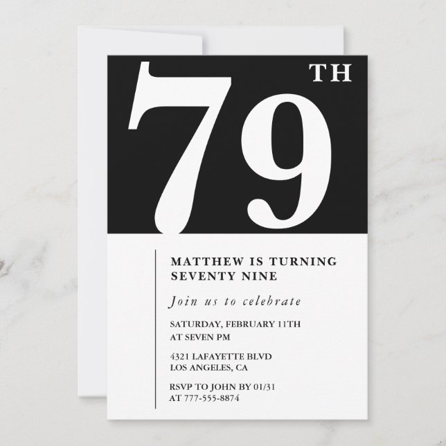 Elégante invitation Black White 79e anniversaire (Devant)