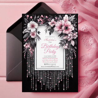 Elégante Invitation d'anniversaire de florale noir