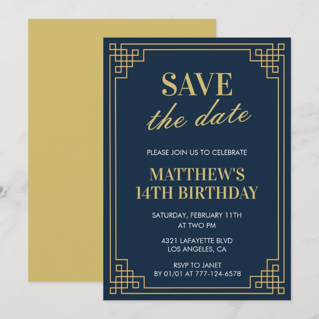 Élégante invitation de 14e anniversaire Garçon Enr (Devant / Derrière)