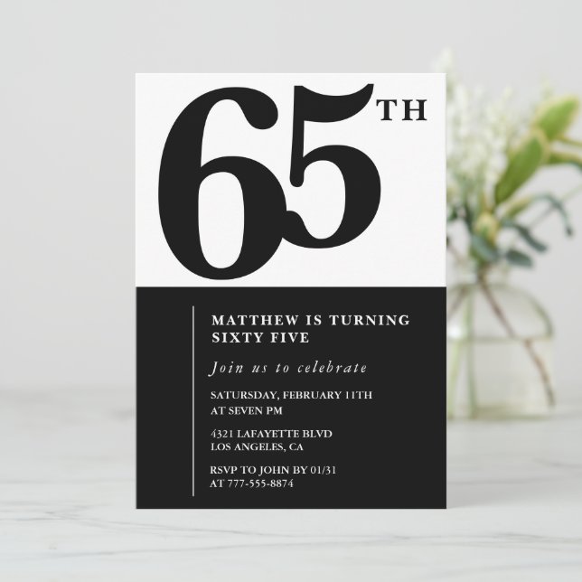 Elégante invitation de 65e anniversaire Black Chic (Debout devant)