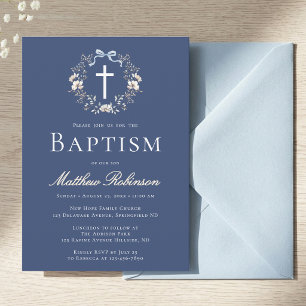 Élégante invitation de baptême à croix florale ble