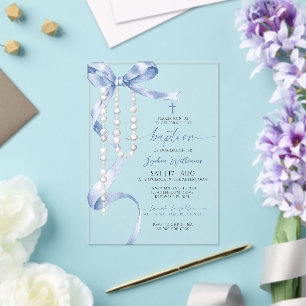 Élégante invitation de baptême au ruban bleu et ro