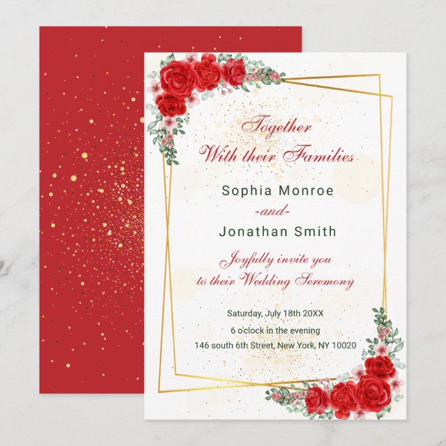 élégante invitation de mariage à cadre doré et flo (Devant / Derrière)