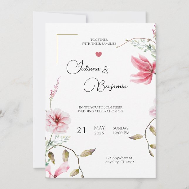 Elégante invitation de mariage avec Romantic Flora (Devant)
