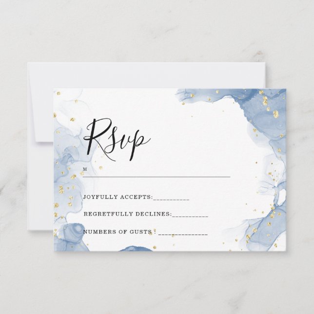 Elégante invitation de mariage Bleu et minimal or (Devant)