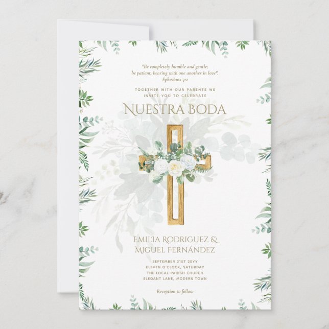 Élégante Invitation de Mariage Catholique Bilingue (Devant)