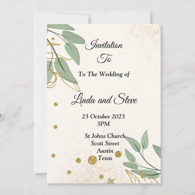 Elégante invitation de mariage, or vert beige (Devant)