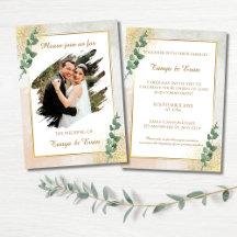 Élégante invitation de mariage photo verte et doré
