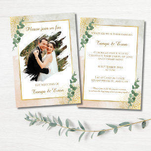 Élégante invitation de mariage photo verte et doré