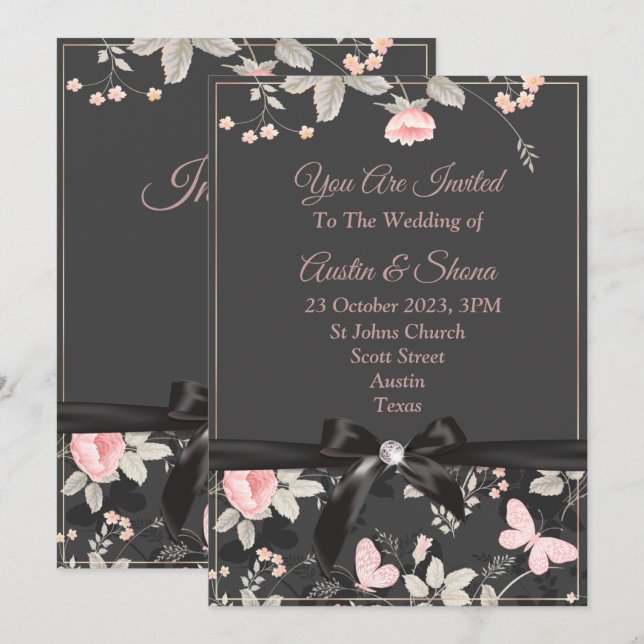 Elégante invitation de mariage, rose, arc, marbre (Devant / Derrière)